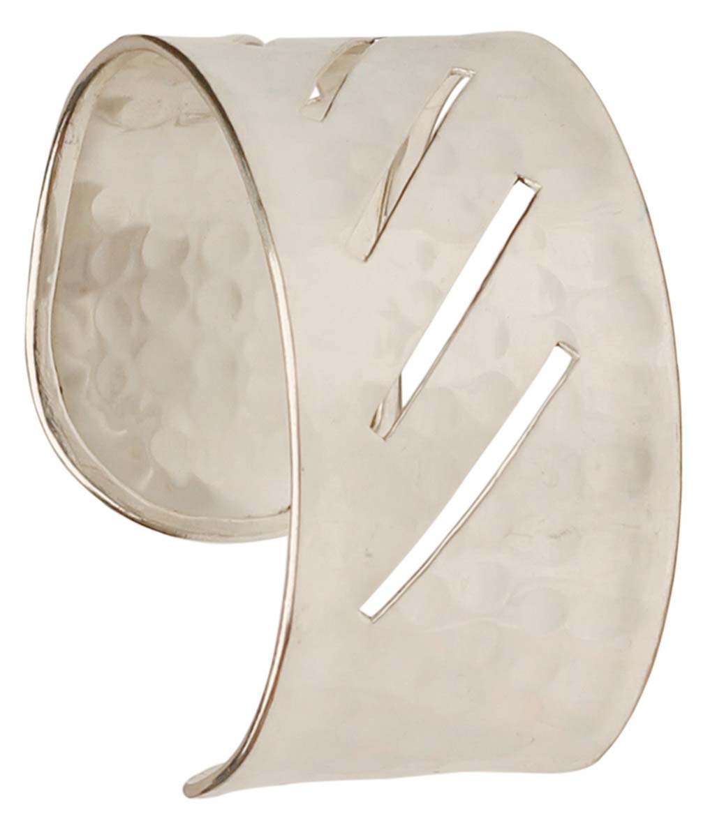 2.6” Brass Cuff Bracelet with Cut-Work & Hammered Effect - Silver Tone - Antique-Look Accessories / Jewelry / Gifts for Her - Buy in Bulk Wholesale